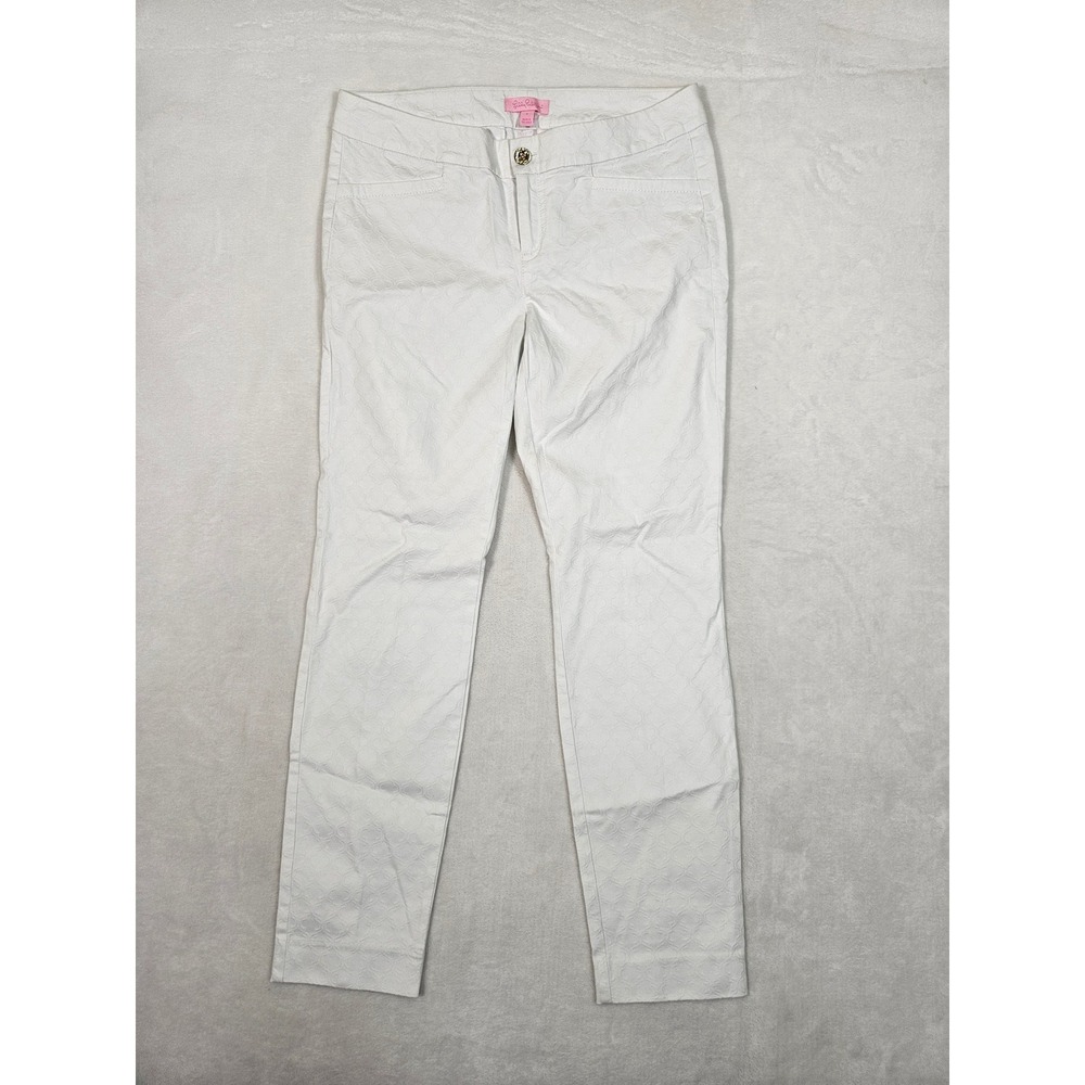 Lilly Pulitzer White Jacquard Slim Pants Size 6 Gold Flower Button Resort Wear